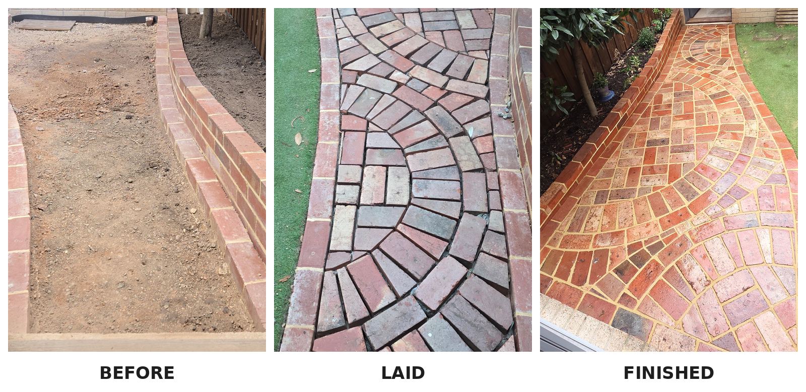 Brick paving path: before, laid and finished
