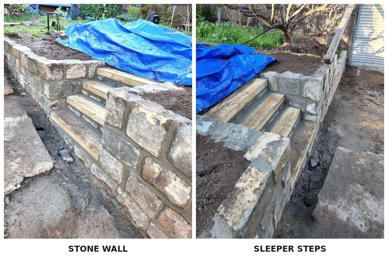 Stone retaining wall with sleeper steps